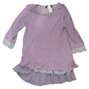 P Luca Chevron Knit Tunic Sweater NWT Lilac Purple, Mesh + Lace Accents, Size M